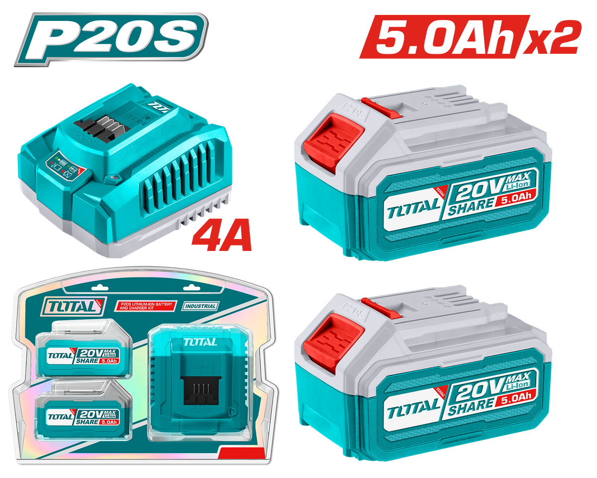 TOTAL P20S 20V Lithium-Ion Battery & Fast Charger Kit – Includes 2×5.0Ah Batteries and Fast Charger (TFBCPK2513)