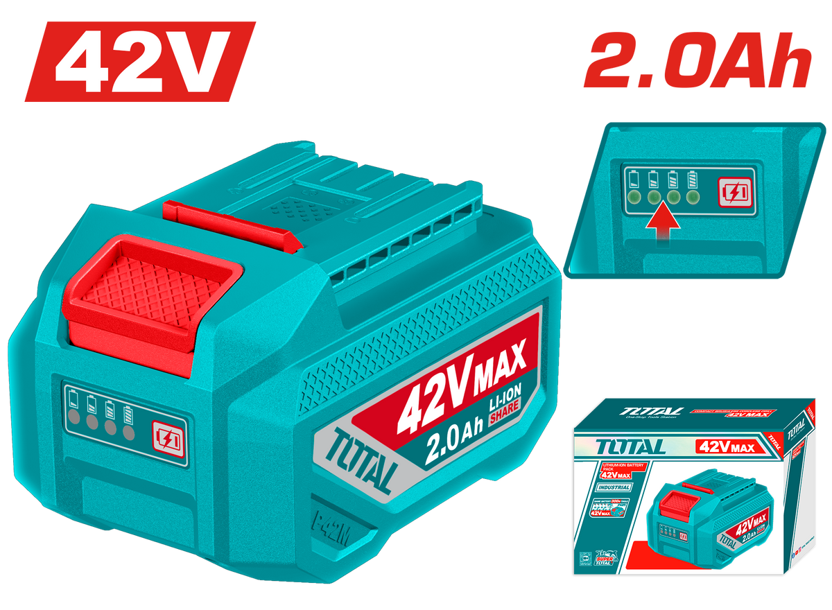 TOTAL 42V Lithium-Ion Battery Pack – 2.0Ah Capacity with LED Power Indicator, Compatible with P42M Tools (TFBLI42201)