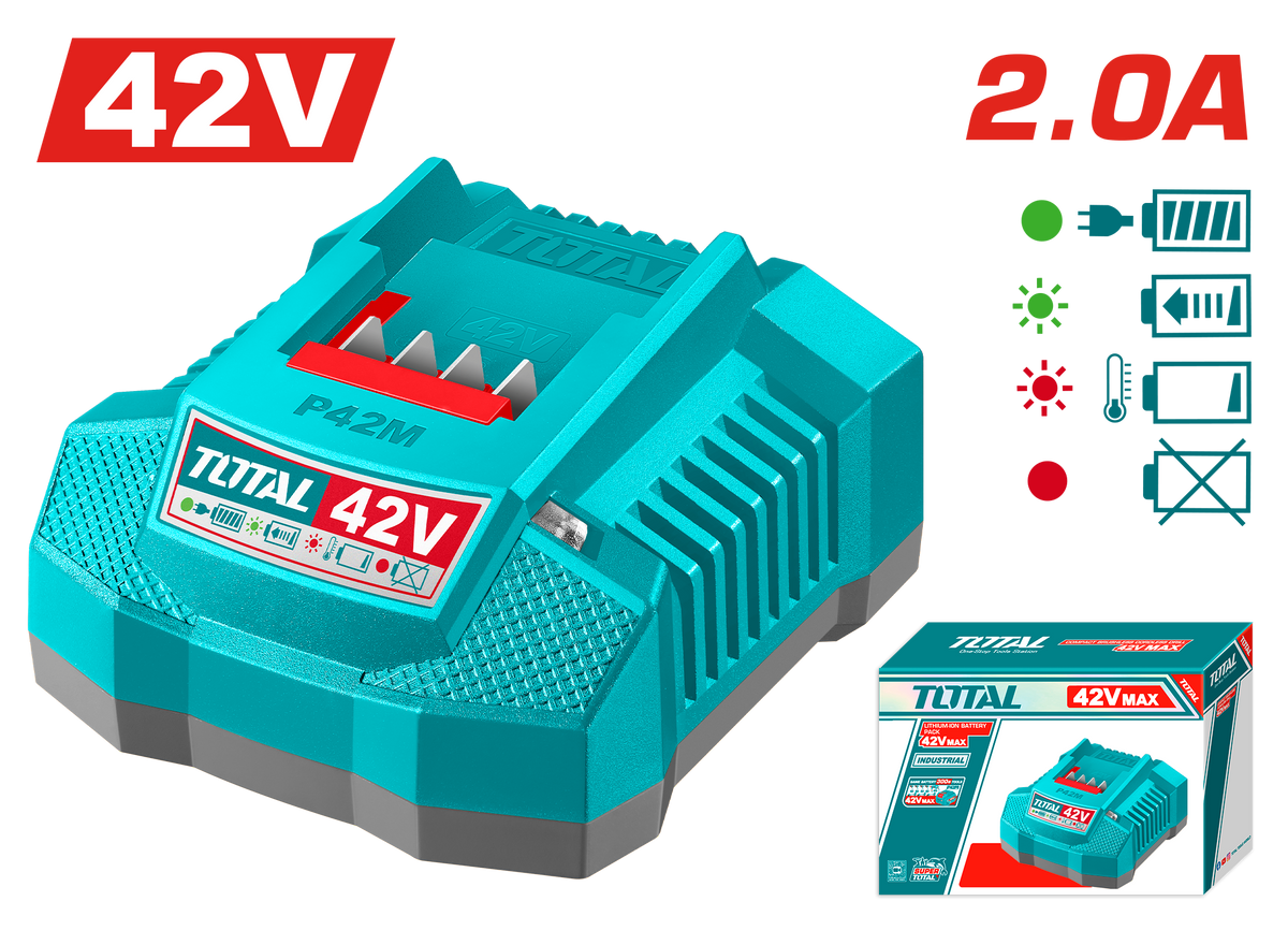 TOTAL P42M Lithium-Ion Battery Charger – 42V 2.0A Fast Charging (TFCLI42021)