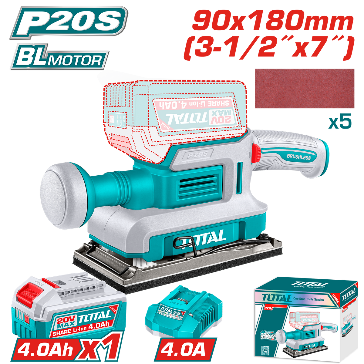 TOTAL 20V Cordless Brushless Finishing Sander – 90×180mm with 4.0Ah Battery & Charger (TFSLI20313)