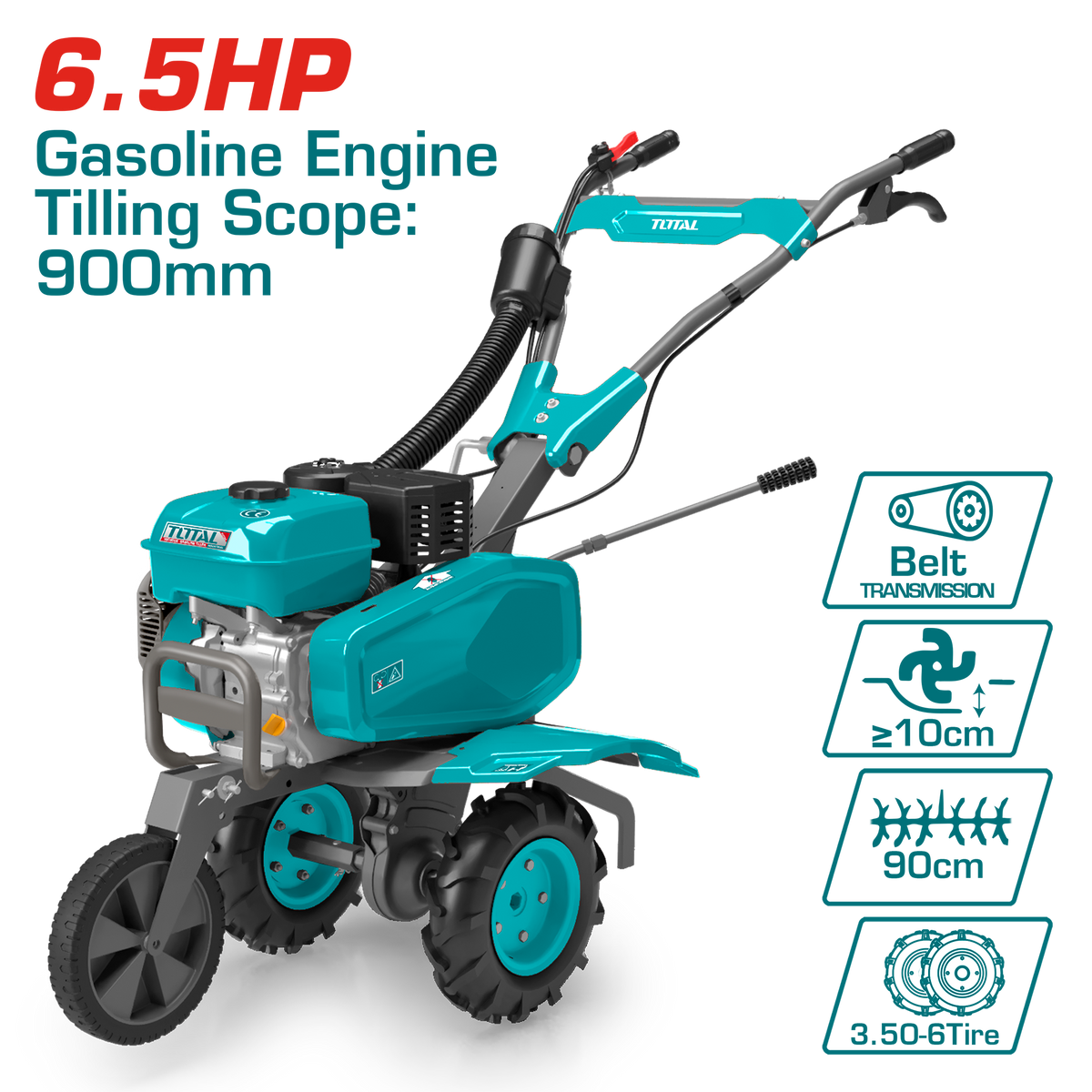 TOTAL Gasoline Tiller – 6.5HP Petrol Engine, 900mm Tilling Scope, 150–300mm Depth, Belt Drive (TGC5002)