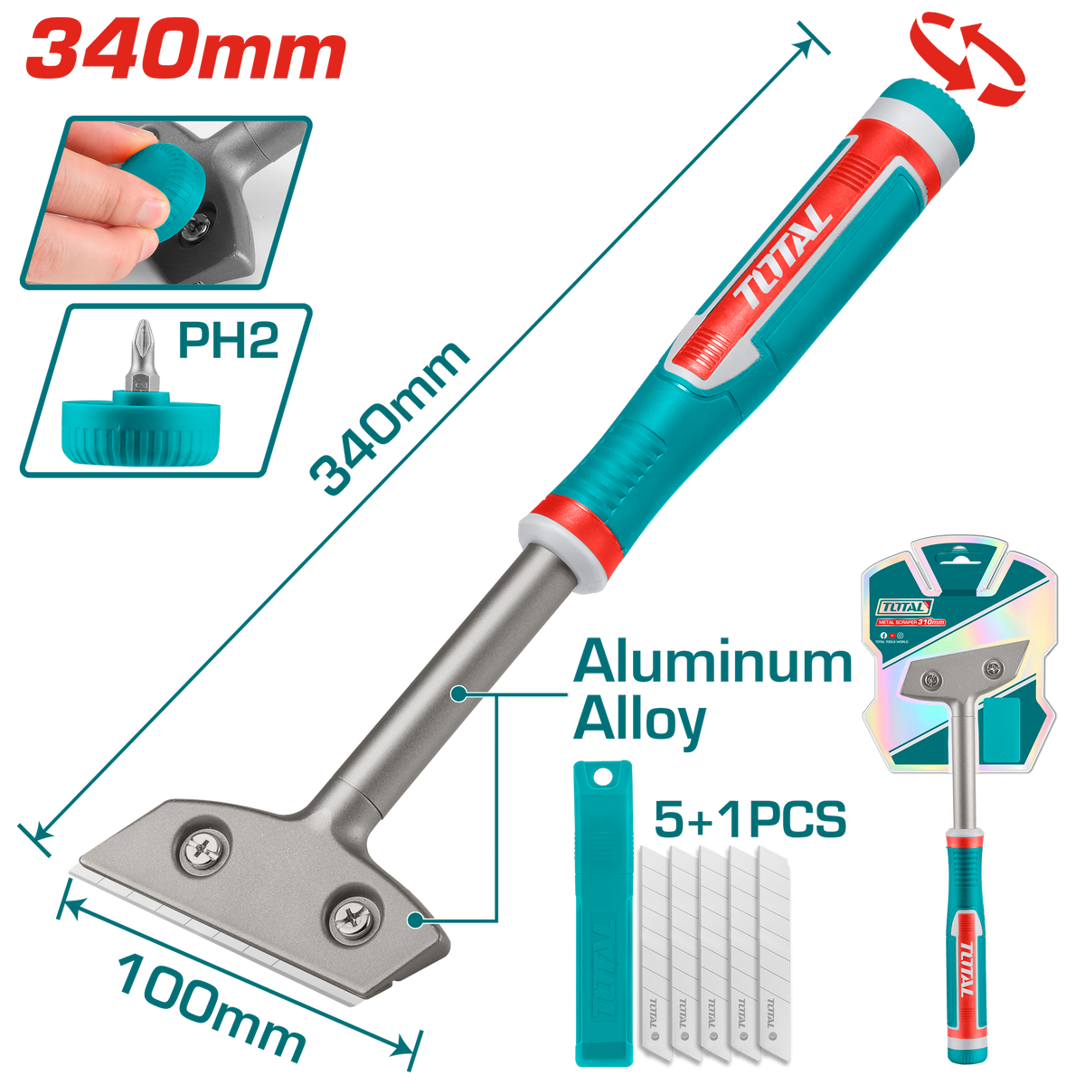 TOTAL Metal Scraper with 6 Blades - 340mm Aluminum Alloy Handle (TGS3088)
