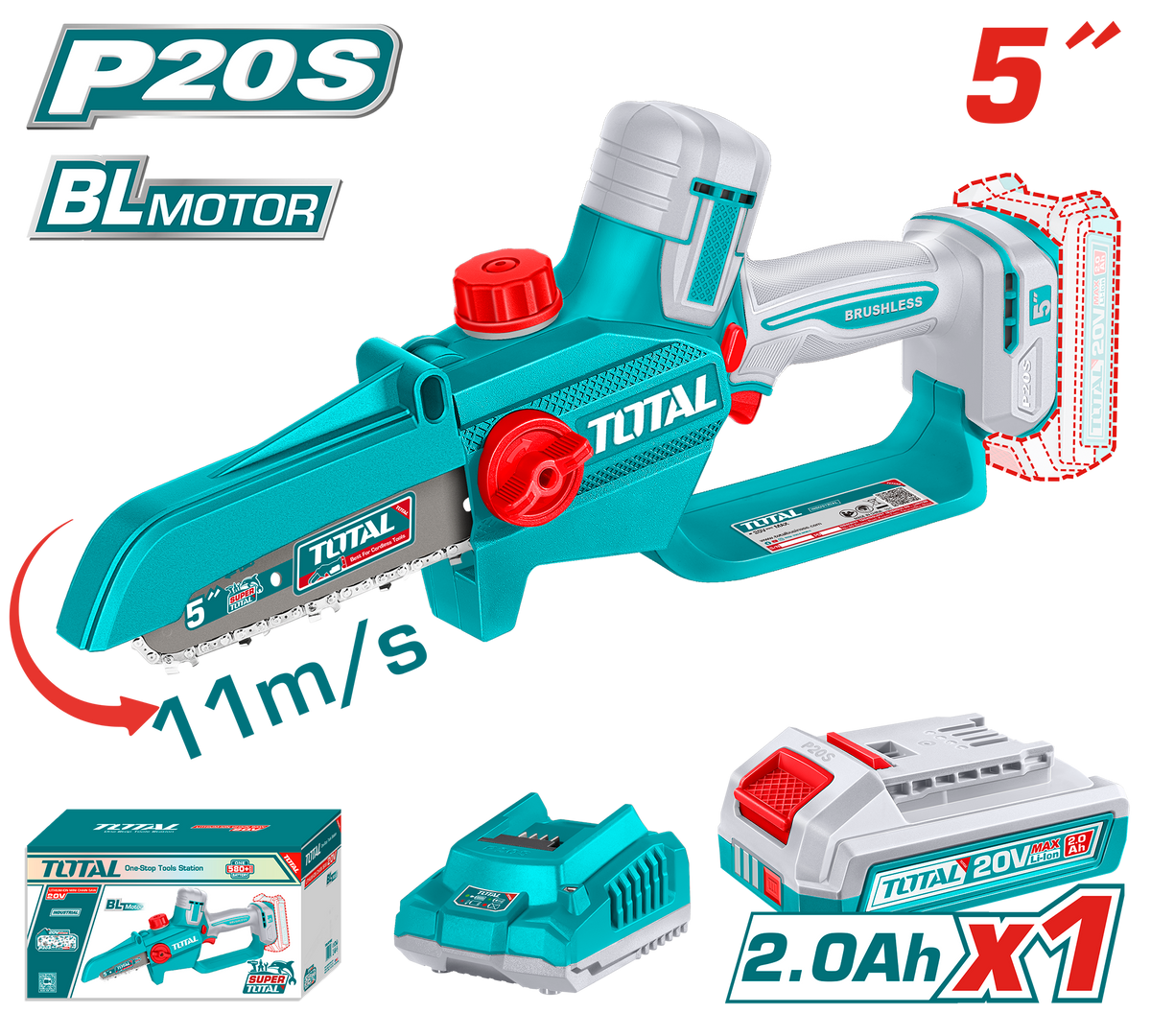 TOTAL 20V Cordless Pruner Saw 5" Brushless – Compact Chainsaw with 2.0Ah Battery (TGSLI20561)