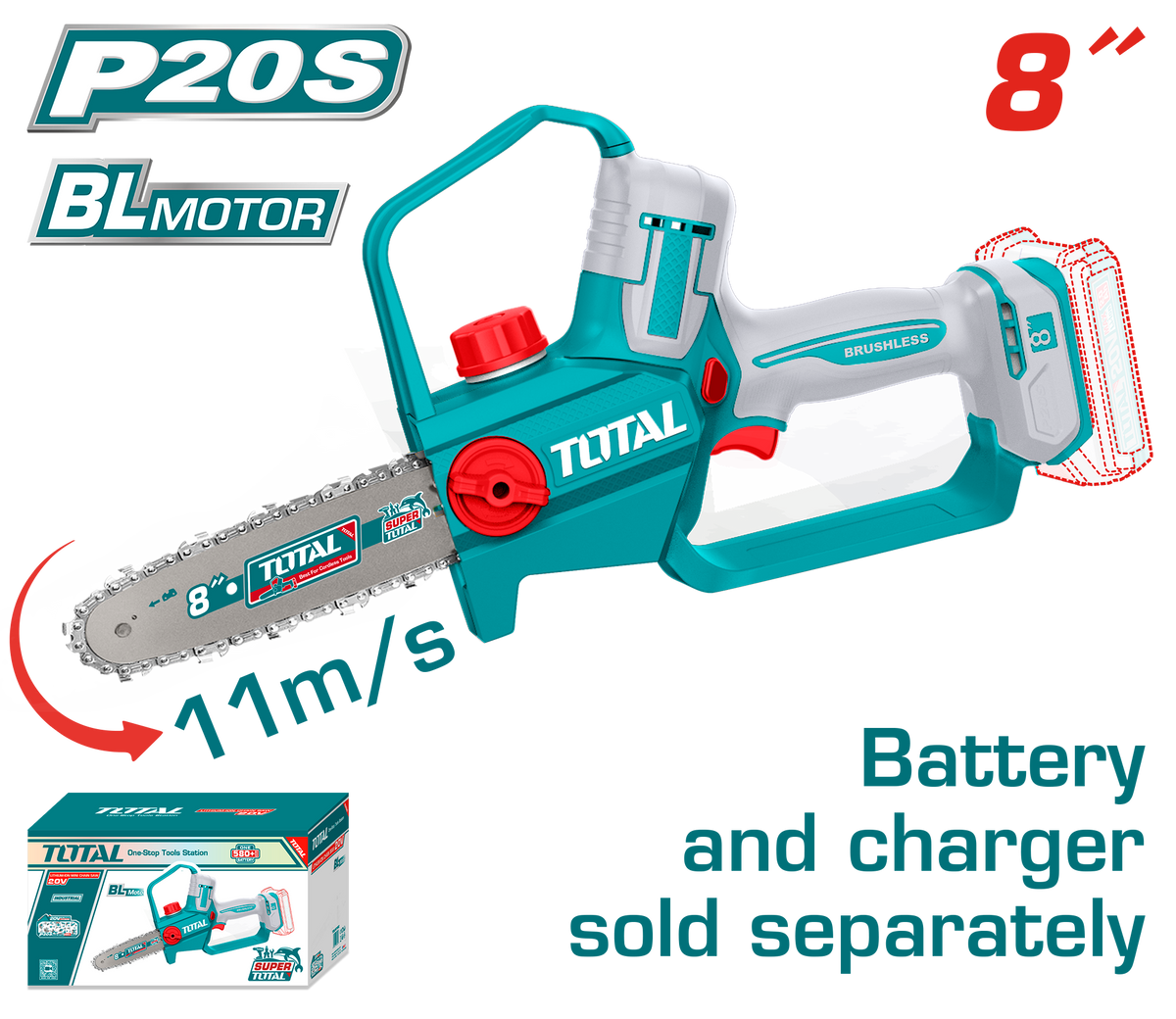 TOTAL Cordless Pruner Saw 20V Brushless –20cm | 8" Bar - Battery & Charger Sold Separately (TGSLI2088)