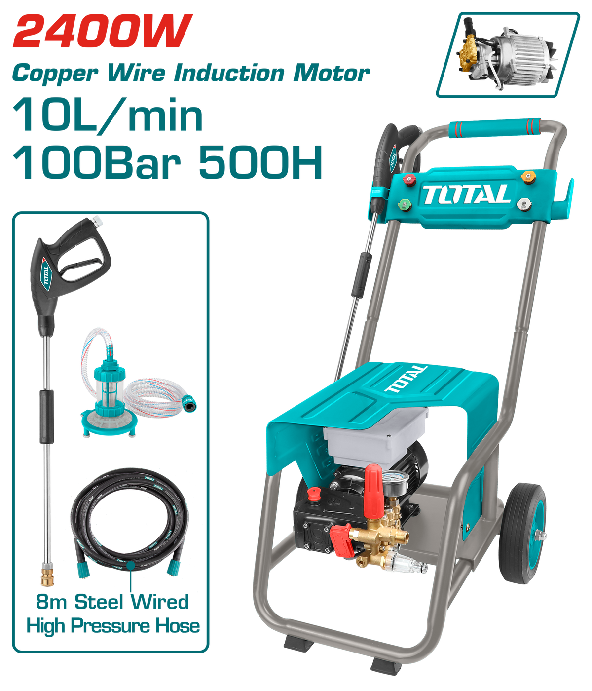 TOTAL High Pressure Washer for Commercial Use 2400W – 100 Bar Heavy Duty Cleaner (TGT11176)