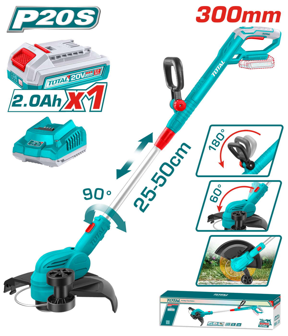 TOTAL 20V Cordless Grass Trimmer 300mm – 8200rpm with Edging Wheel & a Battery (TGTLI203285)