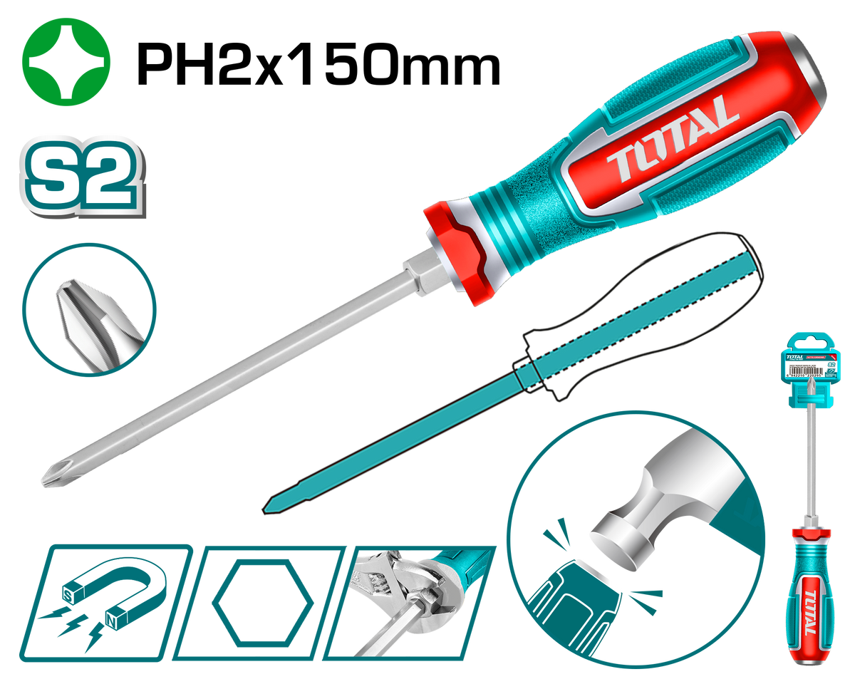 TOTAL Phillips Go-Through Screwdriver PH2 – 150mm S2 Steel Blade, Hex Shank, Magnetic Tip (TGTPH2150)