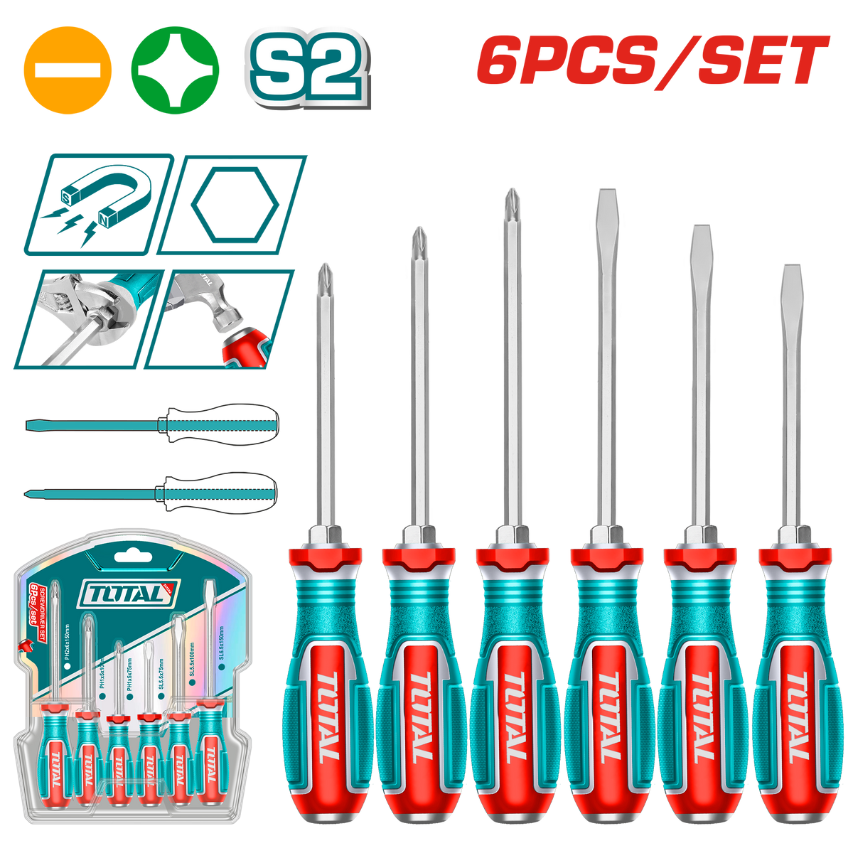 TOTAL 6 Pcs Go-Through Screwdriver Set – Heavy-Duty S2 Steel with Hex Shank (TGTST0606)