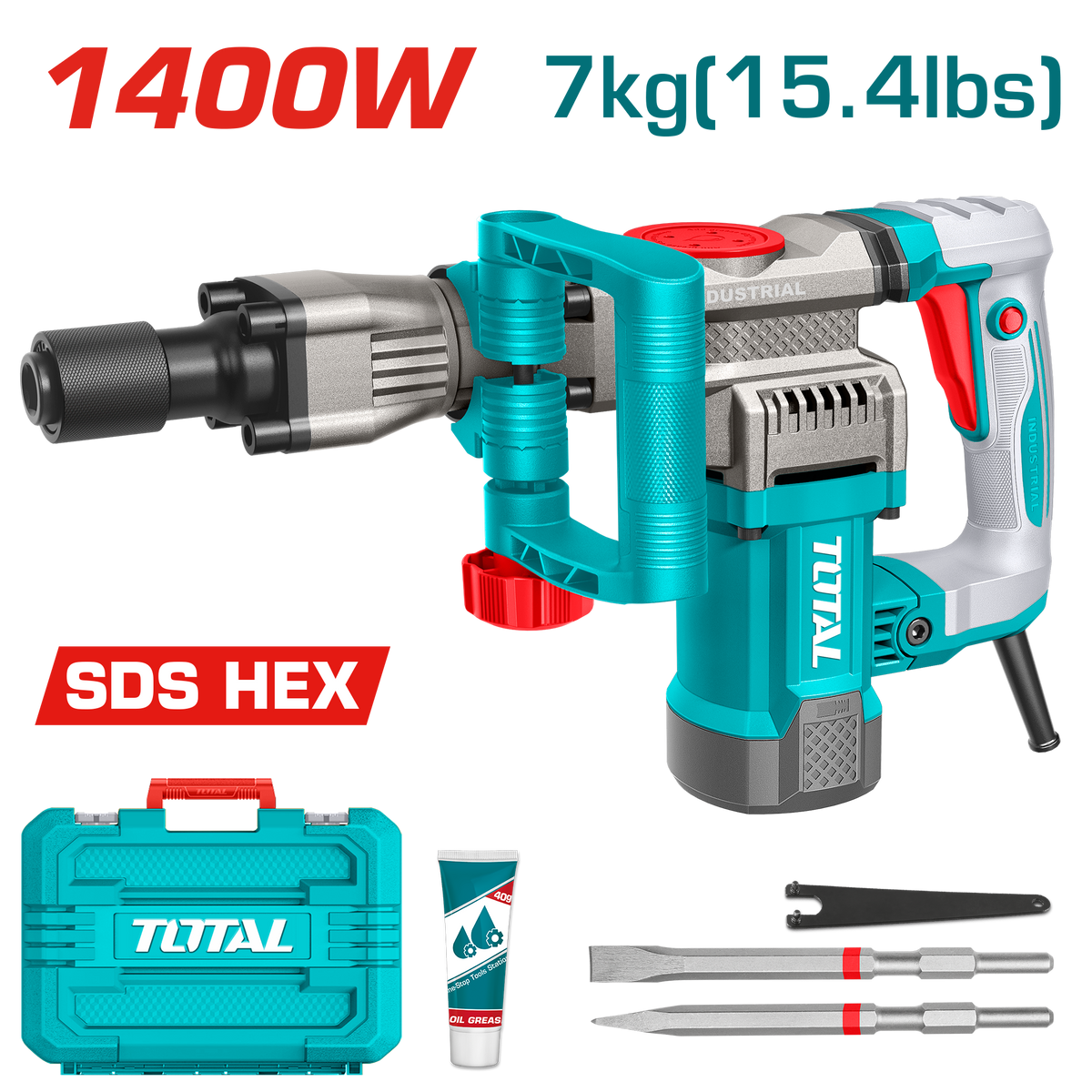 TOTAL 1400W Electric Demolition Breaker 20J – 7kg HEX Jack Hammer with Anti-Vibration System (TH214008)