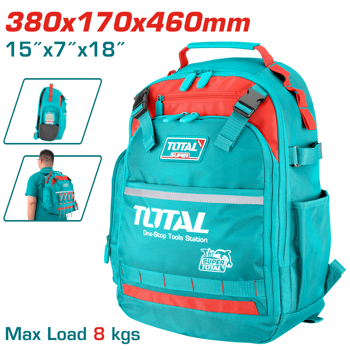TOTAL Tool Backpack – 1680D Oxford, Rigid Frame, 38×17×46cm (THBP02025)