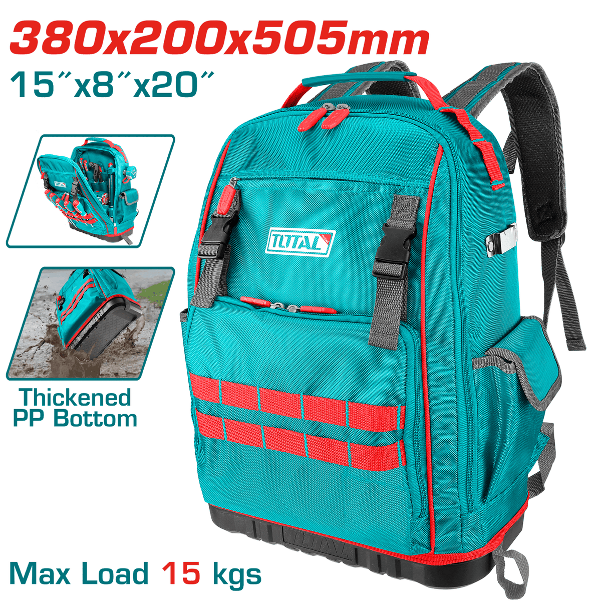 TOTAL Heavy-Duty Tool Backpack – 15kg Capacity with Rigid Frame and Reinforced Base (THBP04025)