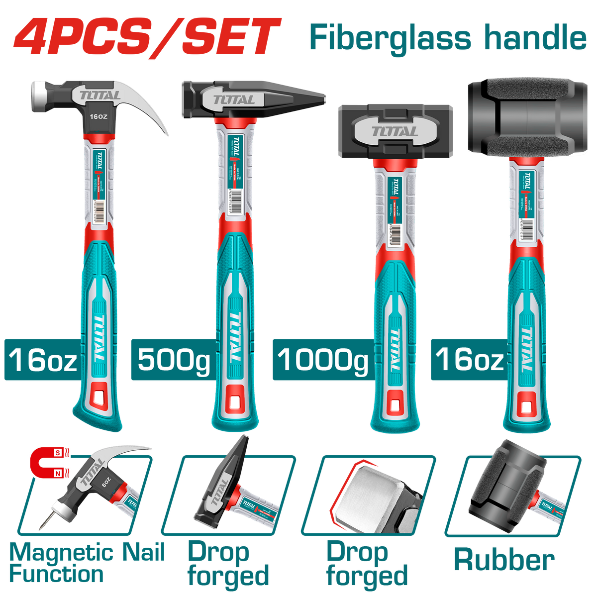 TOTAL 4Pcs Hammer Set – Claw, Machinist, Stoning & Rubber Hammer with Fiberglass Handles (THCH6004)