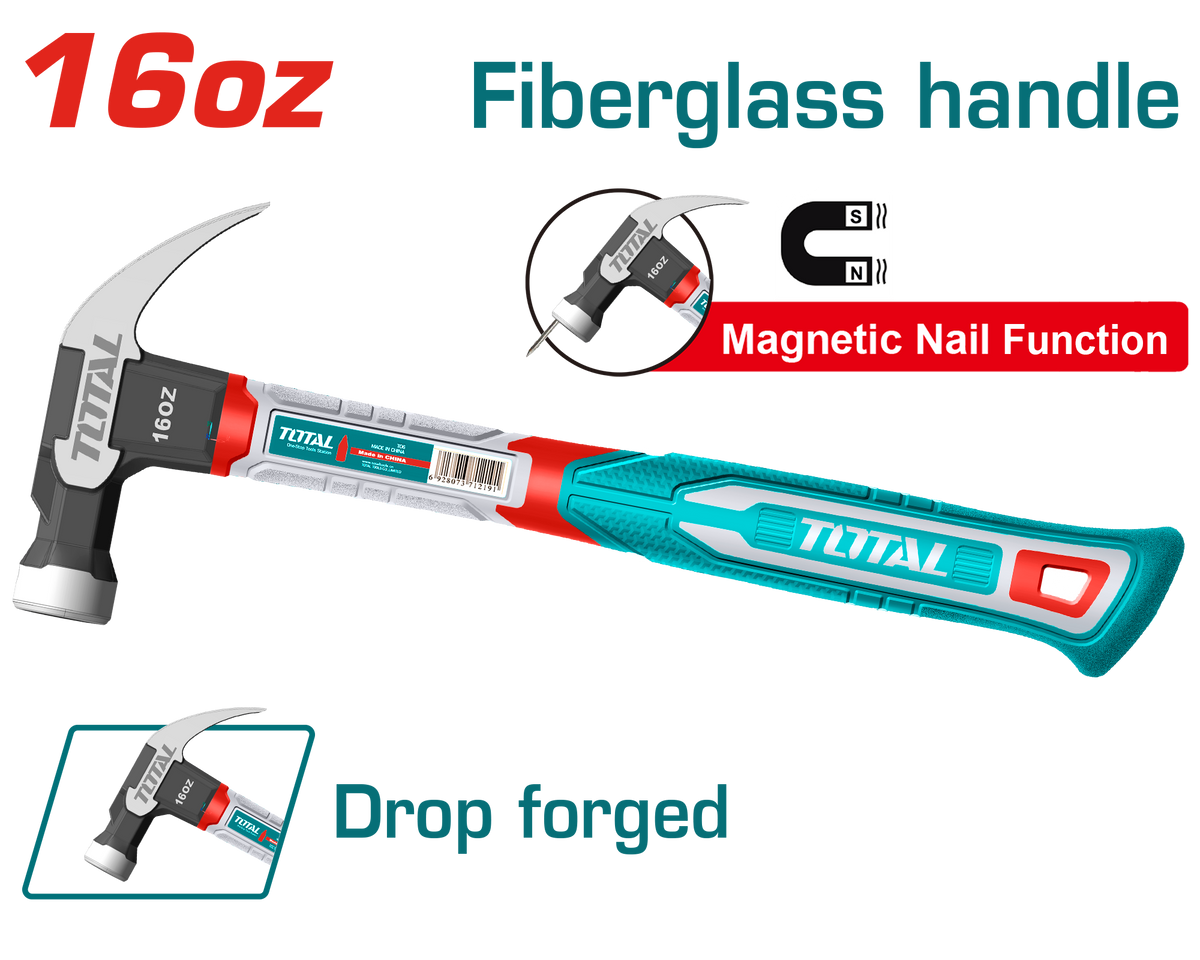 TOTAL Claw Hammer 450g | 16oz – Magnetic Nail Holder (THCH61016)