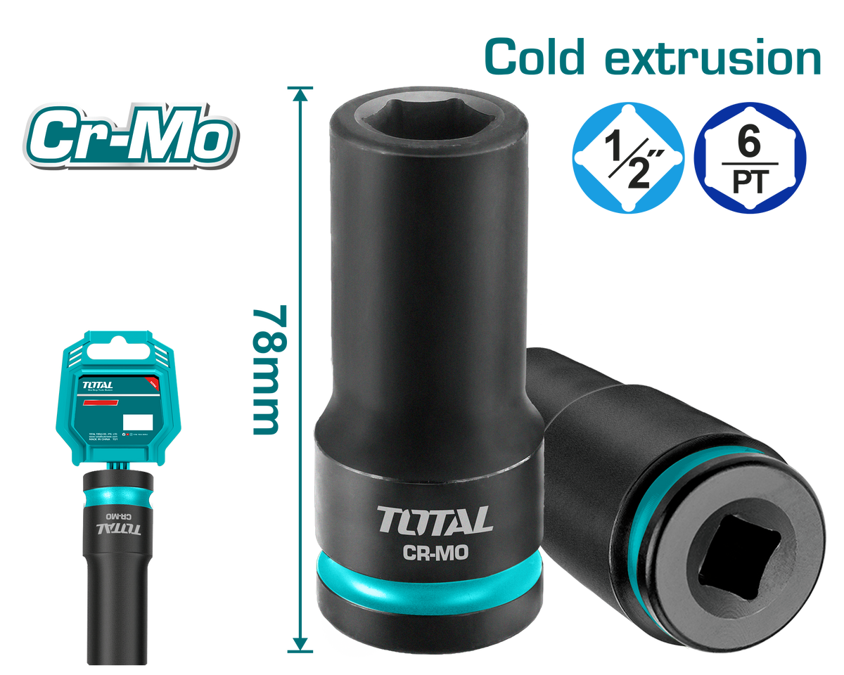 TOTAL 1/2" Drive Deep Impact Socket – CrMo Heavy Duty Impact Socket (THDIS12132L / THDIS12172L / THDIS12192L / THDIS12242L)