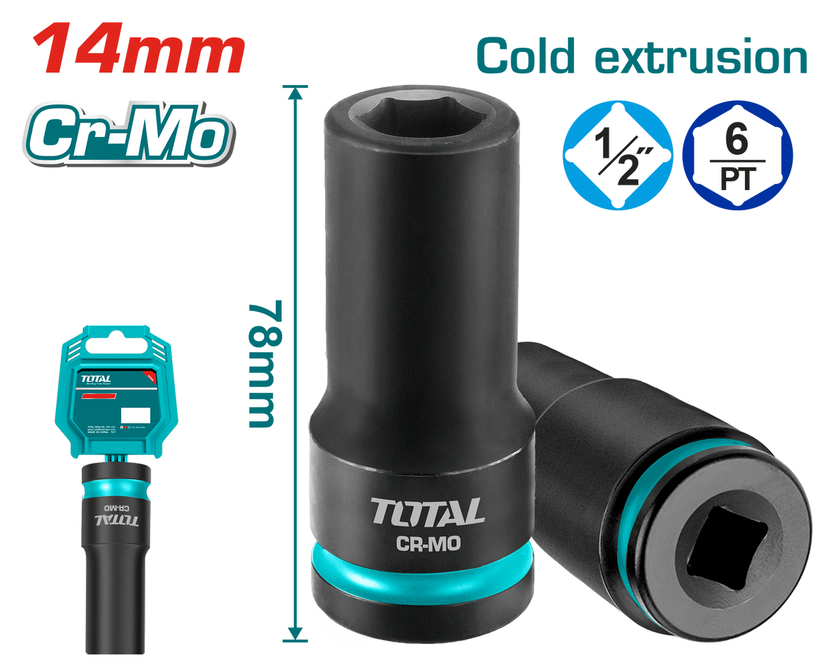TOTAL 1/2" DR. Deep Impact Socket 14mm – CrMo Heavy Duty Socket (THDIS12142L)