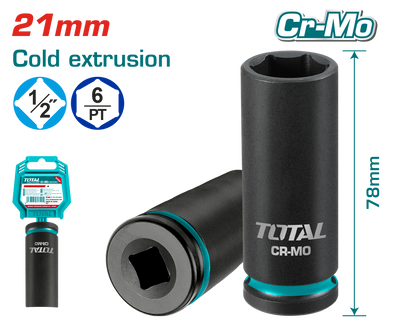 TOTAL 1/2" Drive Deep Impact Socket 21mm – Cr-Mo Heavy Duty Socket (THDIS12212L)