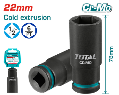 TOTAL 1/2" Drive Deep Impact Socket 22mm – CrMo Heavy Duty Socket (THDIS12222L)