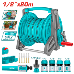 TOTAL 20M Garden Hose Reel Set 1/2" – Nozzle & Wall Bracket | THHR20124