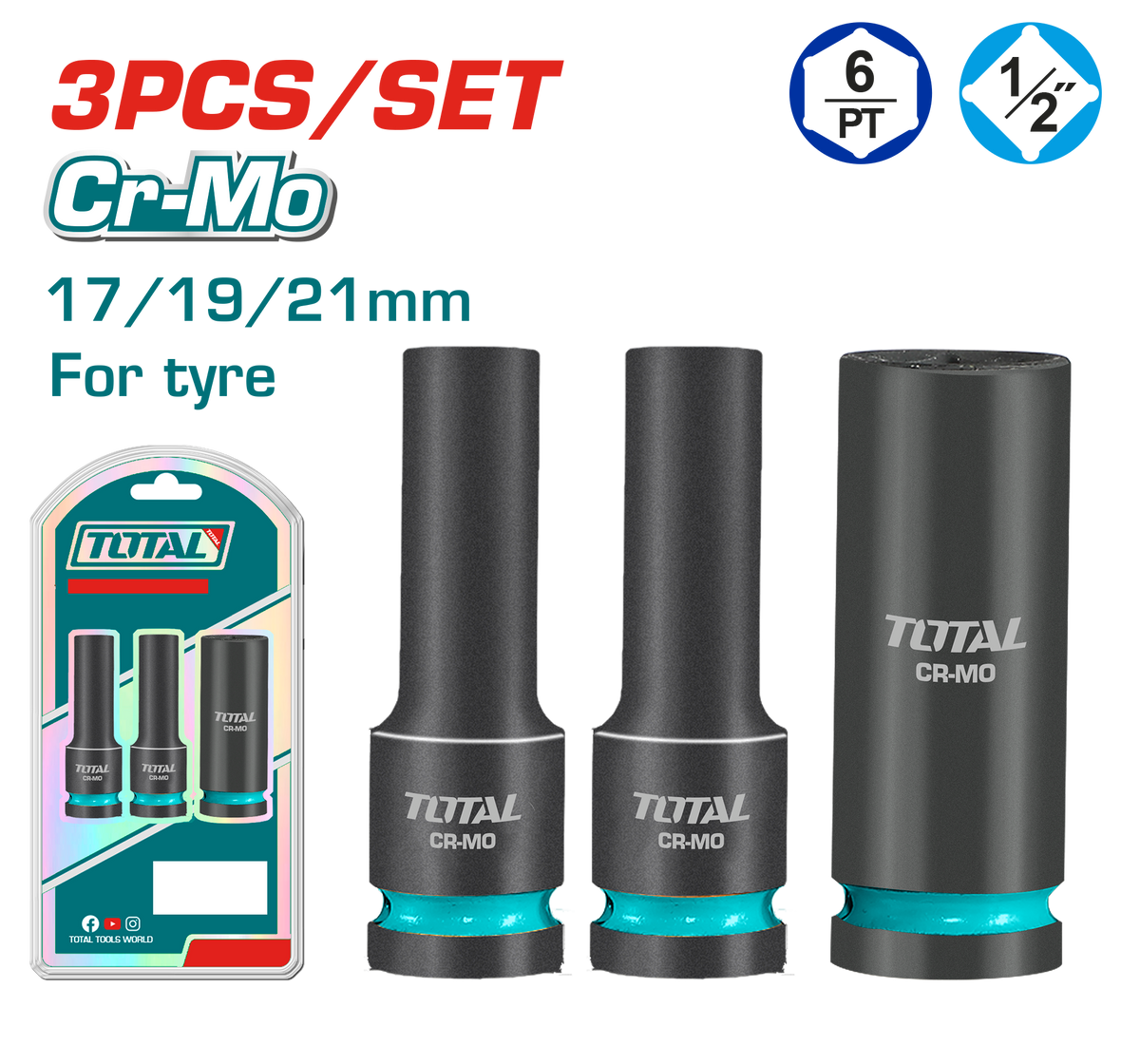 TOTAL 3 Pcs 1/2" Dr. Deep Impact Socket Set 17-19-21mm – Cr-Mo Heavy Duty (THKISD12042L)
