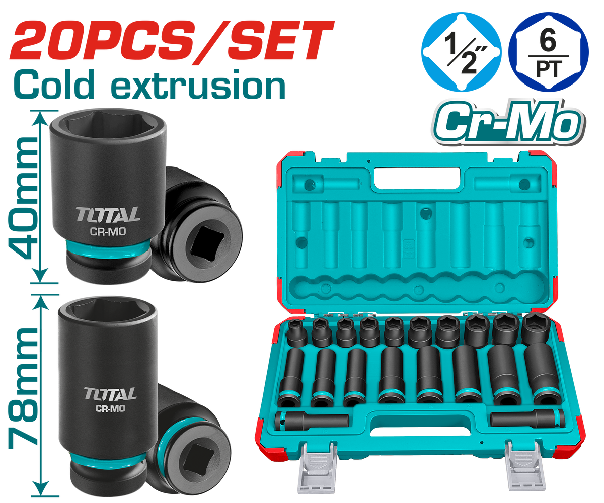 TOTAL 20 Pcs 1/2" Drive Impact Socket Set – Cr-Mo Impact Sockets with Carrying Case (THKISD12203L)