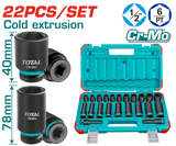 TOTAL 22 Pcs 1/2" Drive Impact Socket Set – Standard & Deep Cr-Mo Sockets (THKISD12221L)