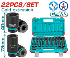 TOTAL 22 Pcs 1/2" Drive Impact Socket Set – Standard & Deep Cr-Mo Sockets (THKISD12221L)