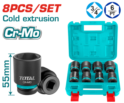 TOTAL 8 Pcs 3/4" Impact Socket Set – Cr-Mo, 55mm Length (THKISD34081)