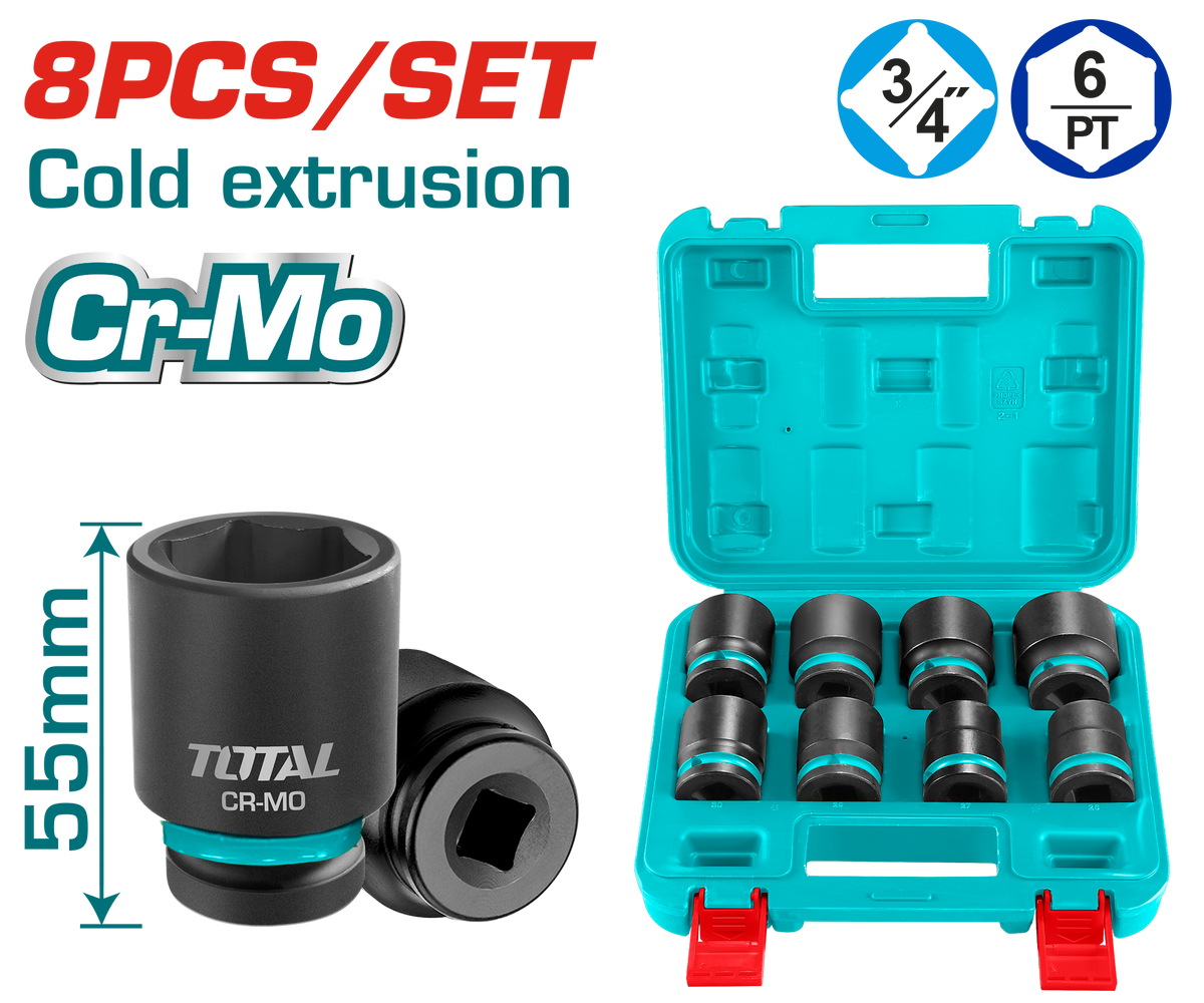 TOTAL 8 Pcs 3/4" Impact Socket Set – Cr-Mo, 55mm Length (THKISD34081)
