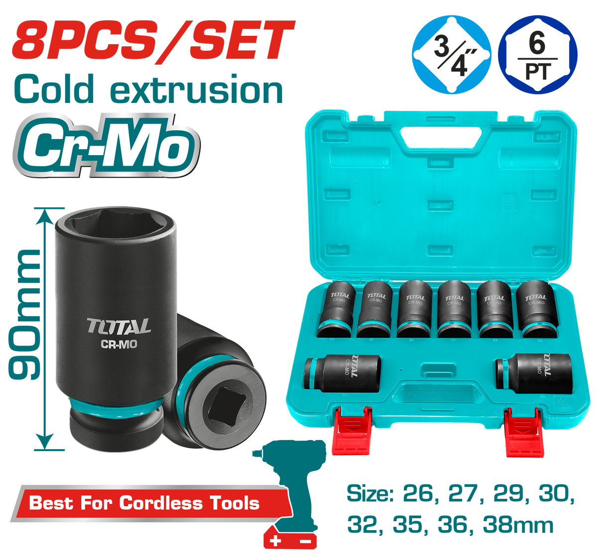 TOTAL 8 Pcs 3/4" Deep Impact Socket Set – Cr-Mo, 90mm Length (THKISD34082L)