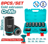 TOTAL 8 Pcs 3/4" Deep Impact Socket Set – Cr-Mo, 90mm Length (THKISD34082L)