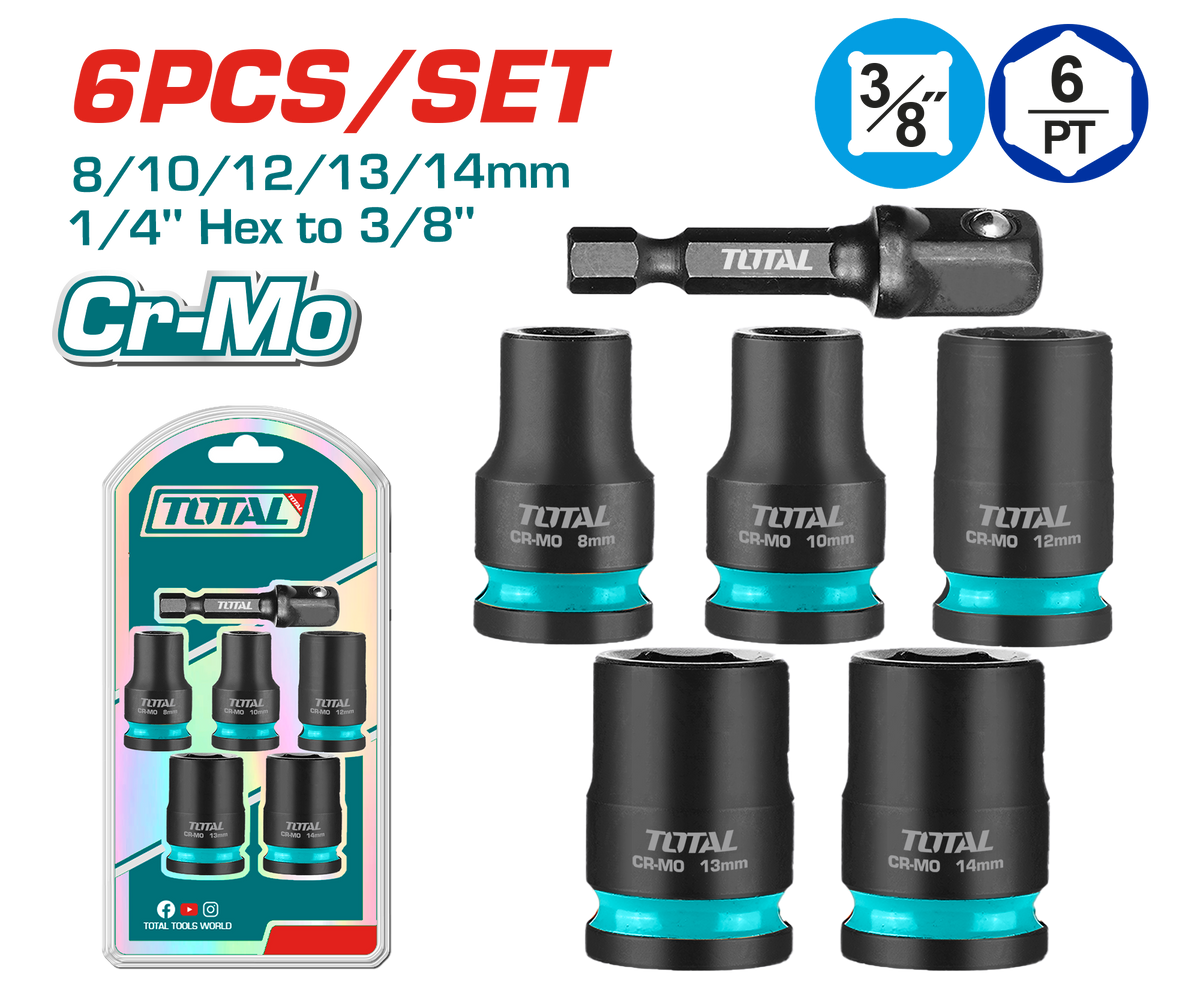 TOTAL 6 Pcs 3/8"DR Impact Socket Set – Cr-Mo, Heat Treated (THKISD38062)