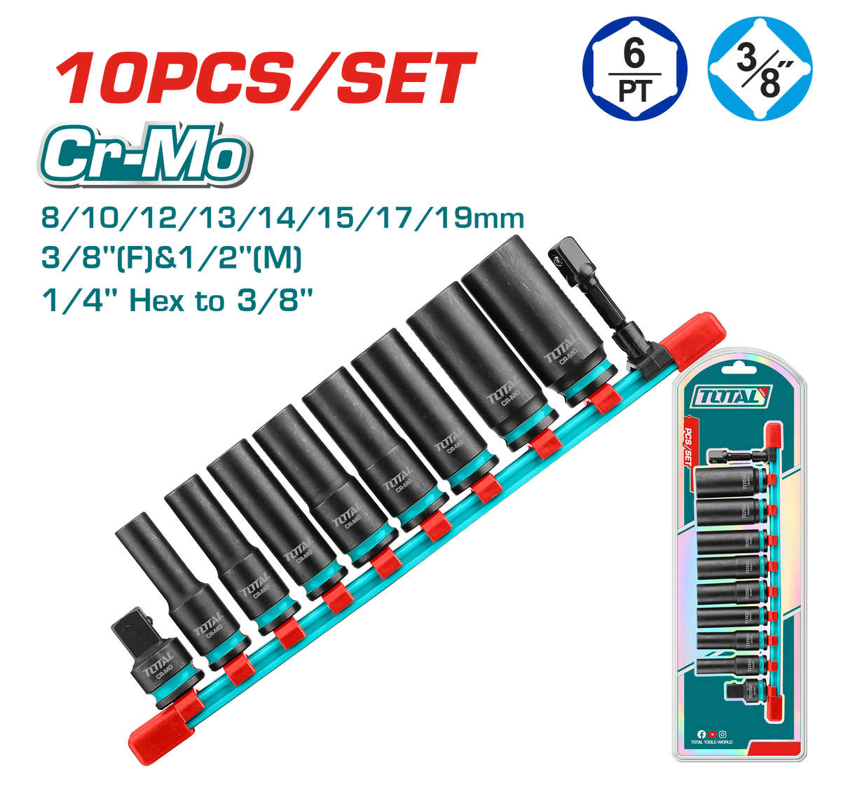 TOTAL 10 Pcs 3/8" DR. Deep Impact Socket Set (THKISD38106L)