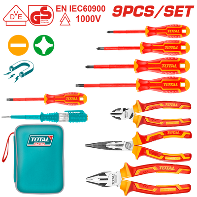 TOTAL 9 Pcs Insulated Hand Tools Set – VDE Electrical Tool Kit with Canvas Bag (THKIST3092)