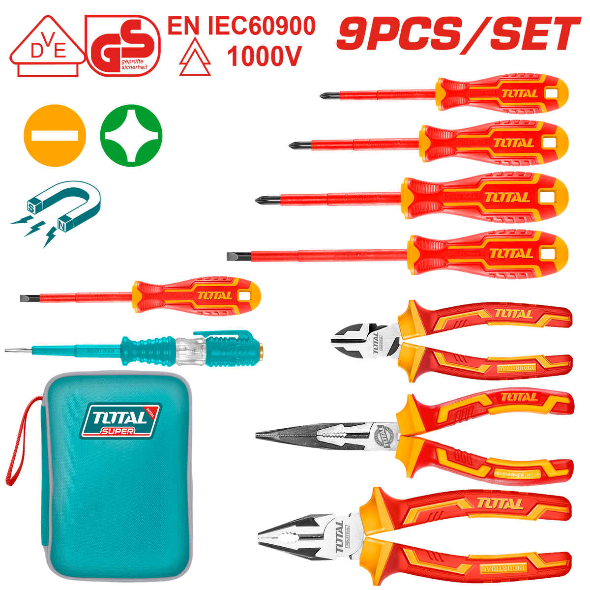 TOTAL 9 Pcs Insulated Hand Tools Set – VDE Electrical Tool Kit with Canvas Bag (THKIST3092)