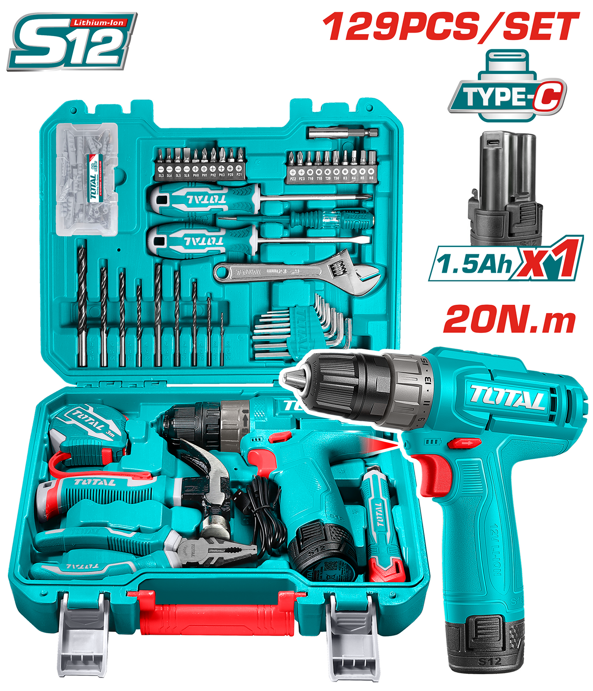 TOTAL 129 Pcs Tools Set – 12V Cordless Drill Kit with Carrying Case (THKTHP11292)
