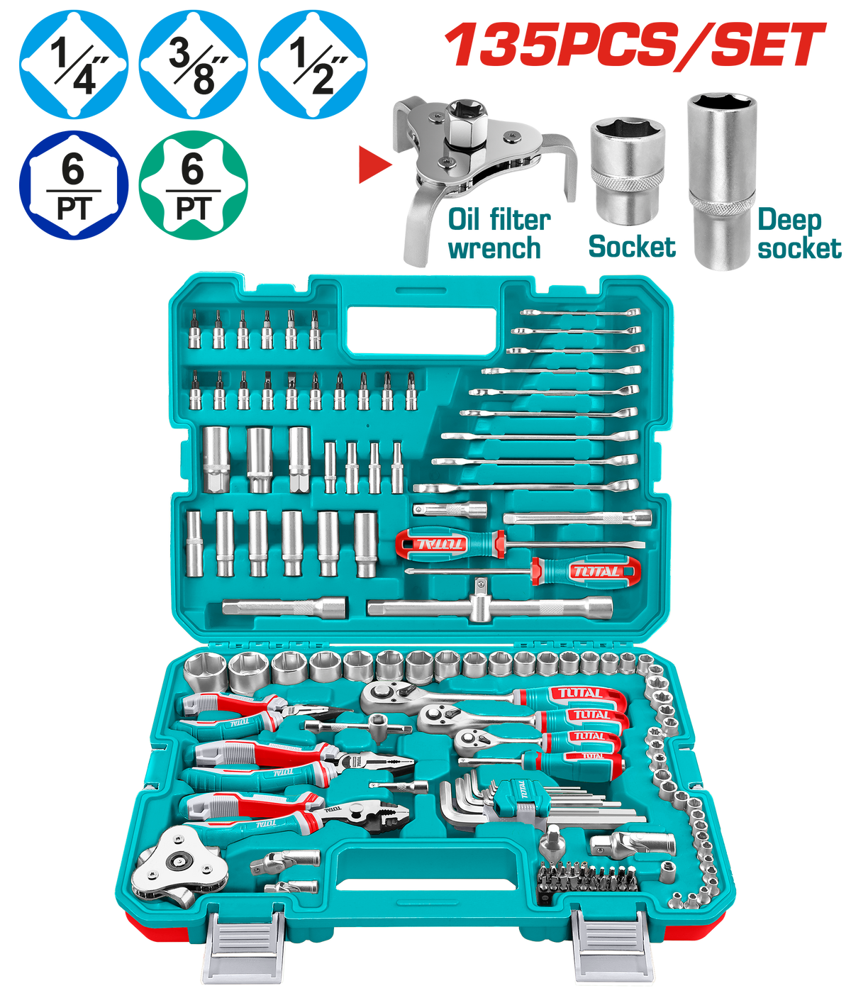 TOTAL 135 Pcs Combination Tool Set – With Sockets, Wrenches, Pliers & Carry Case (THKTHP21356)
