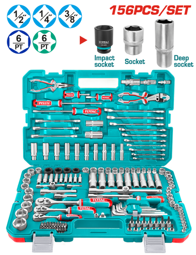 TOTAL 156 Pcs Combination Tools Set – Ratchets, Sockets, Bits & Wrenches with Carrying Case (THKTHP21566)