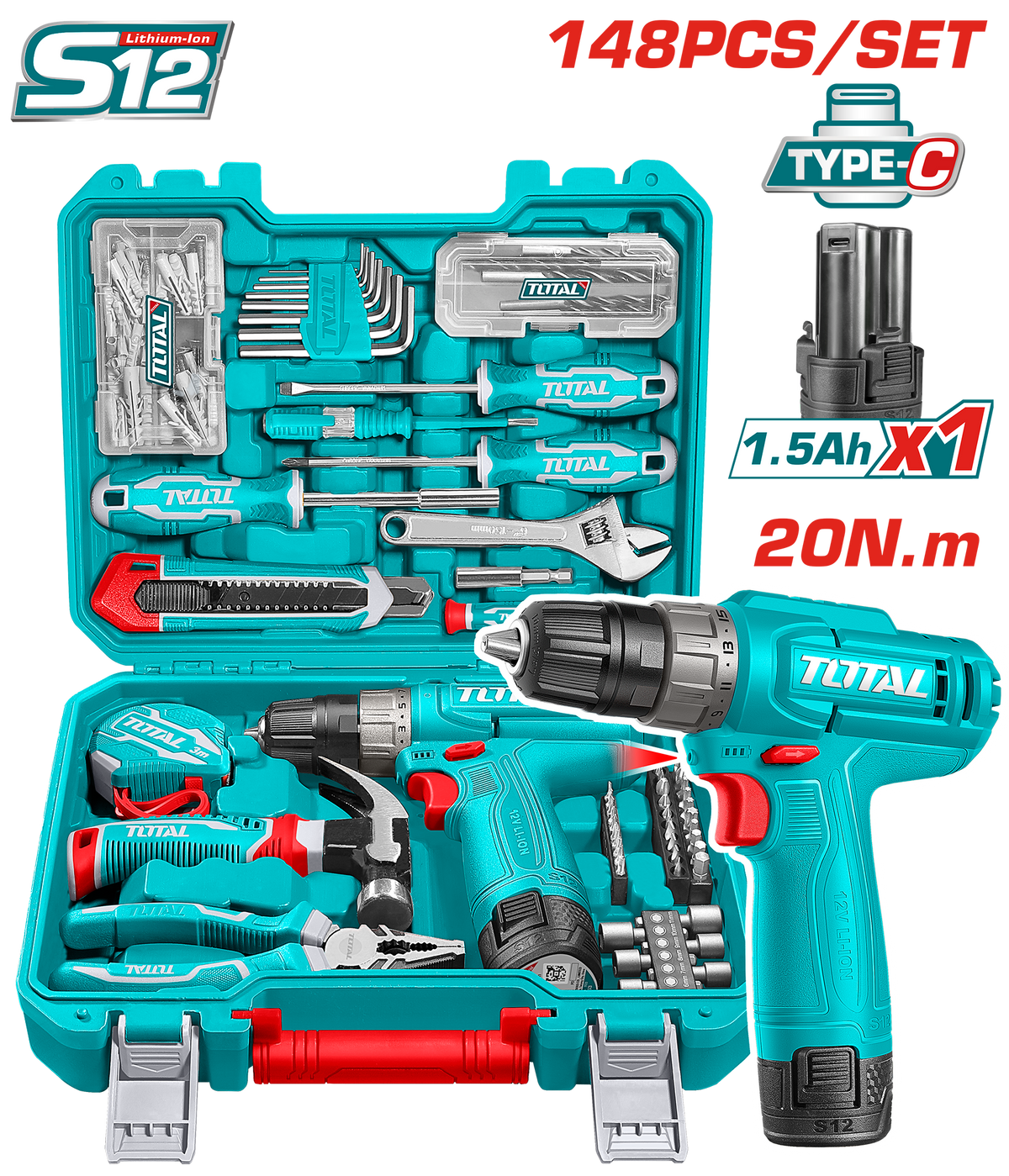 TOTAL 148 Pcs Tool Set with 12V Cordless Drill – Complete Home & Workshop Kit (THKTHP41487)