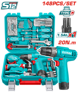 TOTAL 148 Pcs Tool Set with 12V Cordless Drill – Complete Home & Workshop Kit (THKTHP41487)