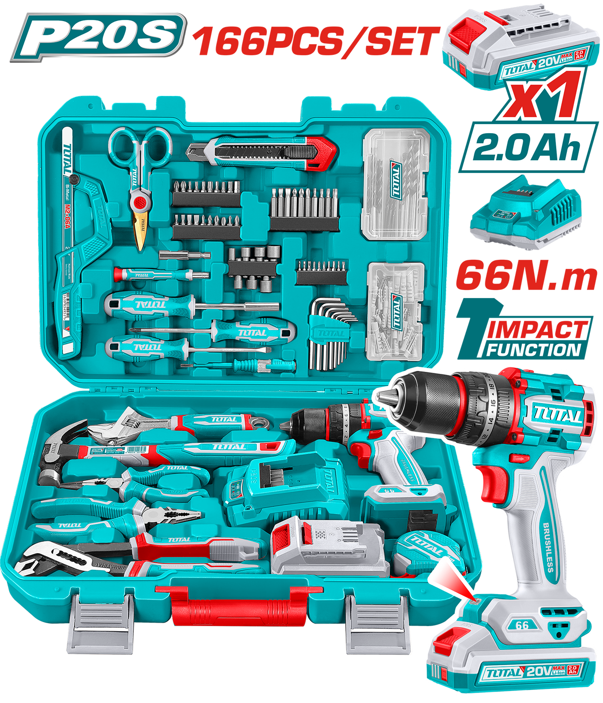 TOTAL 166 Pcs Cordless Tool Set – 20V Impact Drill with Hand Tools & Accessories (THKTHP41667)
