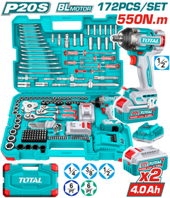 TOTAL 20V Cordless Impact Wrench 1/2" 550Nm – 172 Pcs Complete Tools Set with Batteries (THKTHP41728)
