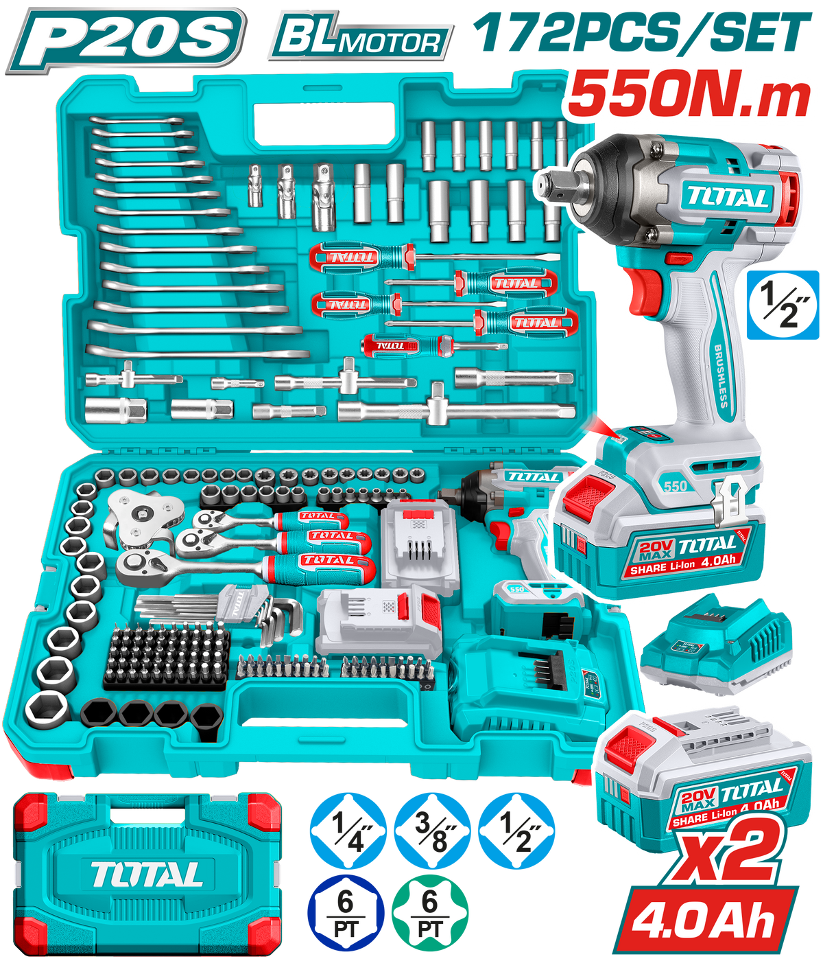 TOTAL 20V Cordless Impact Wrench 1/2" 550Nm – 172 Pcs Complete Tools Set with Batteries (THKTHP41728)