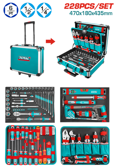 TOTAL 228 Pcs Hand Tool Set – Professional Mechanics Tool Kit with Aluminum Case (THKTHP62287)