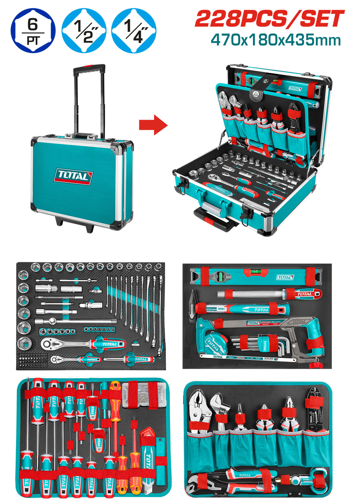 TOTAL 228 Pcs Hand Tool Set – Professional Mechanics Tool Kit with Aluminum Case (THKTHP62287)
