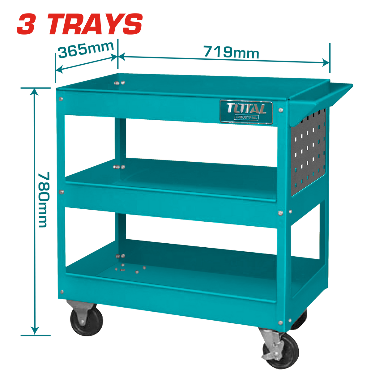 TOTAL 3-Tier Steel Tool Cart with Wheels – 719×365mm, Heavy Duty (THPTC301)