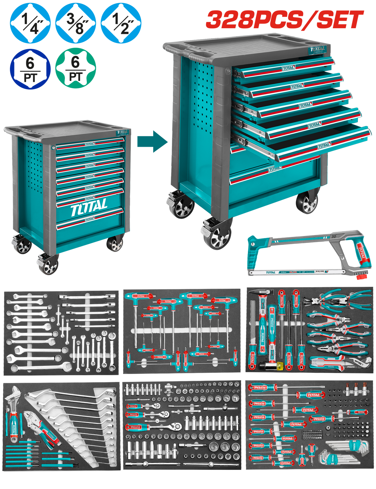 TOTAL 328 Pcs Tool Chest Set – Professional Workshop Cabinet with Full Tool Kit (THPTCS73281)
