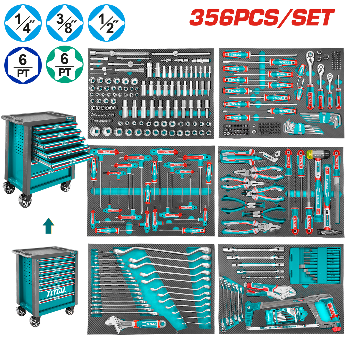 TOTAL 356 Pcs Tool Chest Set – Professional 7 Drawer Tool Cabinet with Complete Hand Tools (THPTCS73561)