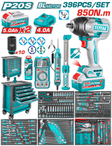 TOTAL 396 Pcs Tool Chest Set with 20V Brushless Impact Wrench 850Nm – Professional Rolling Tool Cabinet (THPTCS83962)