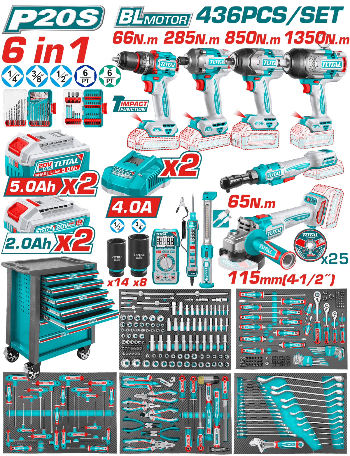 TOTAL 436 Pcs Tool Chest Set – Complete Workshop Kit with Cordless Power Tools & 7 Drawer Cabinet (THPTCS84362)