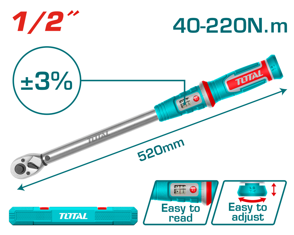 TOTAL Preset Torque Wrench 1/2" – Adjustable Torque Wrench 40-220Nm (THPTW1220N6)